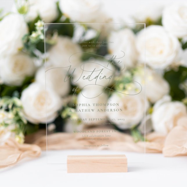Elegant Sage Green Flourish Calligraphy Wedding Acrylic Invitations (Creator Uploaded)