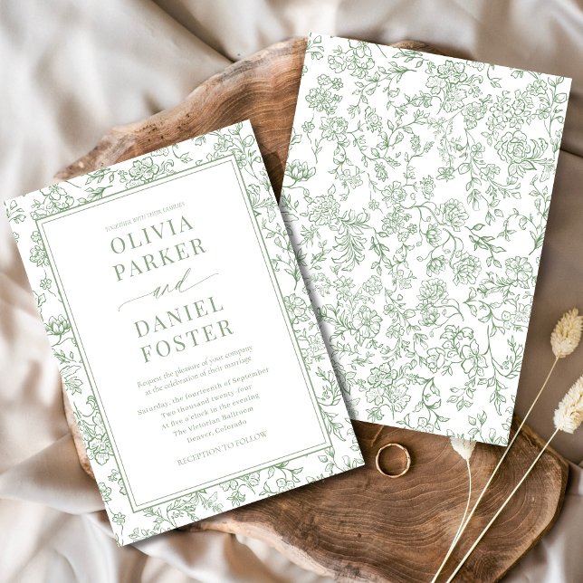 Elegant Sage Green French Floral Toile Invitation (Creator Uploaded)