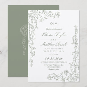 Elegant Sage Green French Floral Wedding Invitation