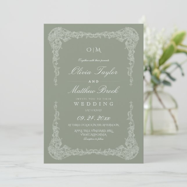 Elegant Sage Green French Frame Wedding Invitation (Standing Front)