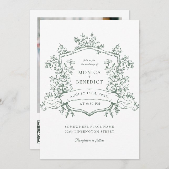 Elegant Sage Green French Garden Wedding QR code Invitation (Front/Back)