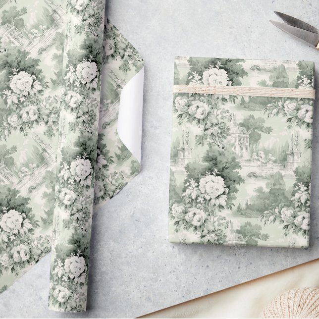 Elegant Sage Green French Roses Toile Floral Wrapping Paper (Creator Uploaded)