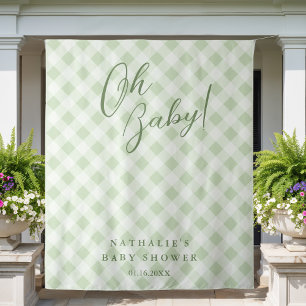 Elegant Sage Green Gingham Baby Shower Backdrop Tapestry