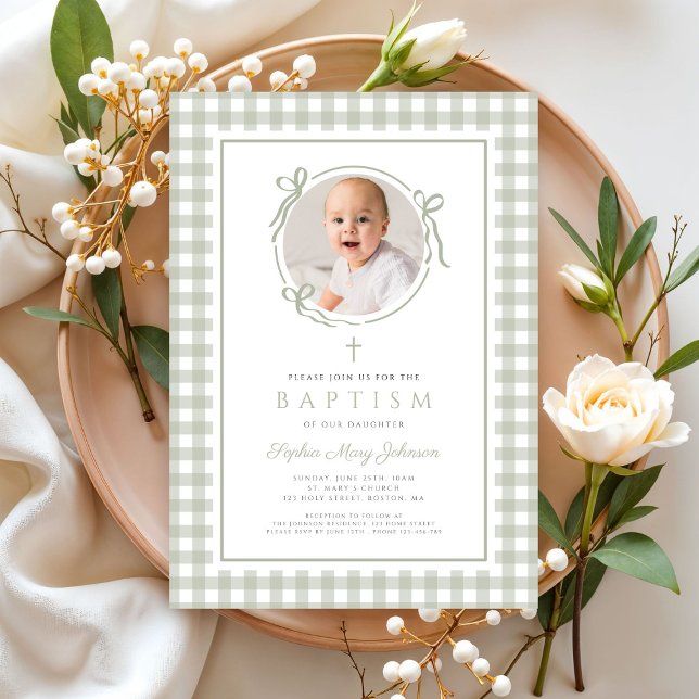 Elegant Sage Green Gingham Bow Photo Girl Baptism Invitation (Elegant Sage Green GIngham Bow Photo Girl Baptism Invitation)