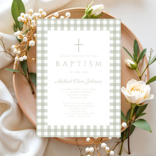 Elegant Sage Green Gingham Boy Baptism Invitation