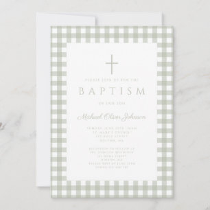 Elegant Sage Green Gingham Boy Baptism Invitation