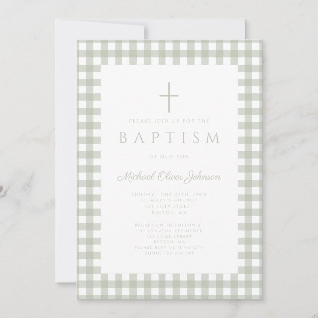 Elegant Sage Green Gingham Boy Baptism Invitation (Front)