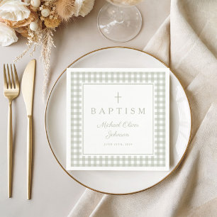 Elegant Sage Green Gingham Boy Baptism Napkin