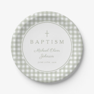 Elegant Sage Green Gingham Boy Baptism Paper Plate