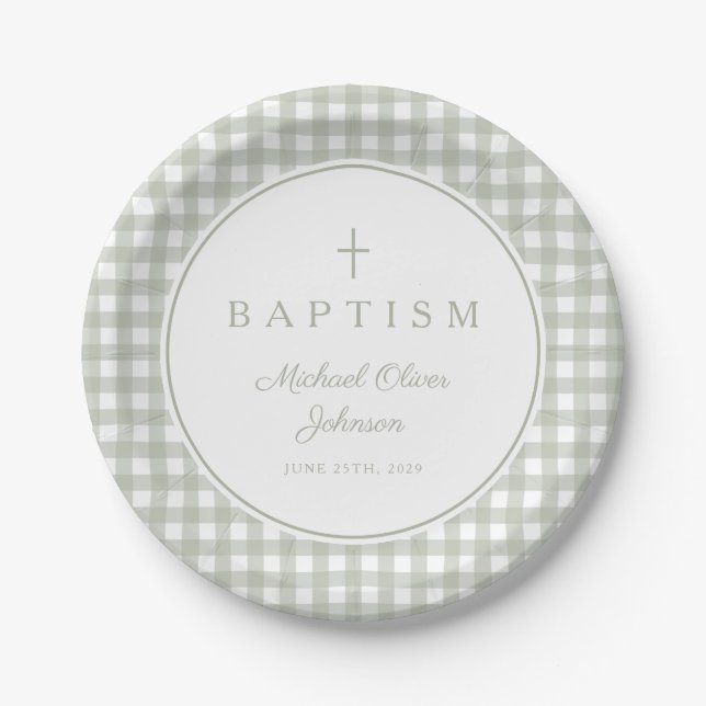 Elegant Sage Green Gingham Boy Baptism Paper Plate (Front)