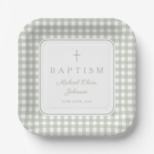 Elegant Sage Green Gingham Boy Baptism Paper Plate