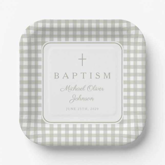 Elegant Sage Green Gingham Boy Baptism Paper Plate (Front)