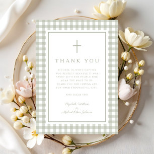 Elegant Sage Green Gingham Boy Baptism Thank You Card