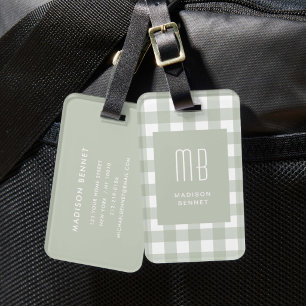 Elegant Sage Green Gingham Monogram Luggage Tag
