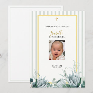 Elegant Sage Green Gold Baptism Thank You Card