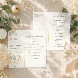 Elegant Sage Green Gold Botanical Wedding Ceremony Programme