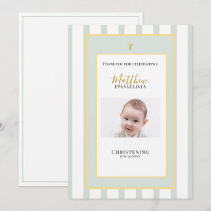 Elegant Sage Green Gold Christening Thank You Card
