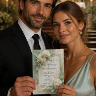 Elegant Sage Green & Gold Christian Wedding  Invitation