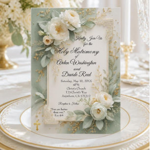 Elegant Sage Green & Gold Christian Wedding Invitation
