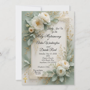 Elegant Sage Green & Gold Christian Wedding  Invitation