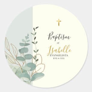Elegant Sage Green Gold Eucalyptus Baptism Classic Round Sticker