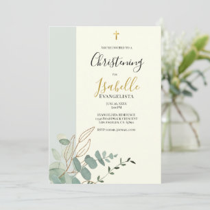 Elegant Sage Green Gold Eucalyptus Christening Invitation