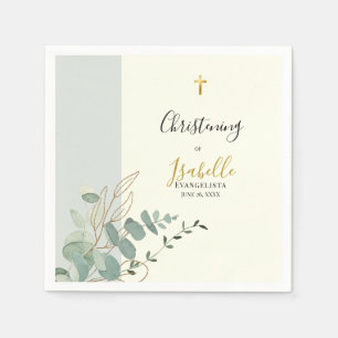 Elegant Sage Green Gold Eucalyptus Christening Napkin