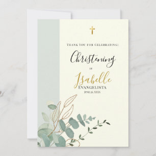 Elegant Sage Green Gold Eucalyptus Christening Thank You Card
