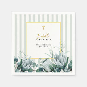 Elegant Sage Green Gold Floral Christening Napkin