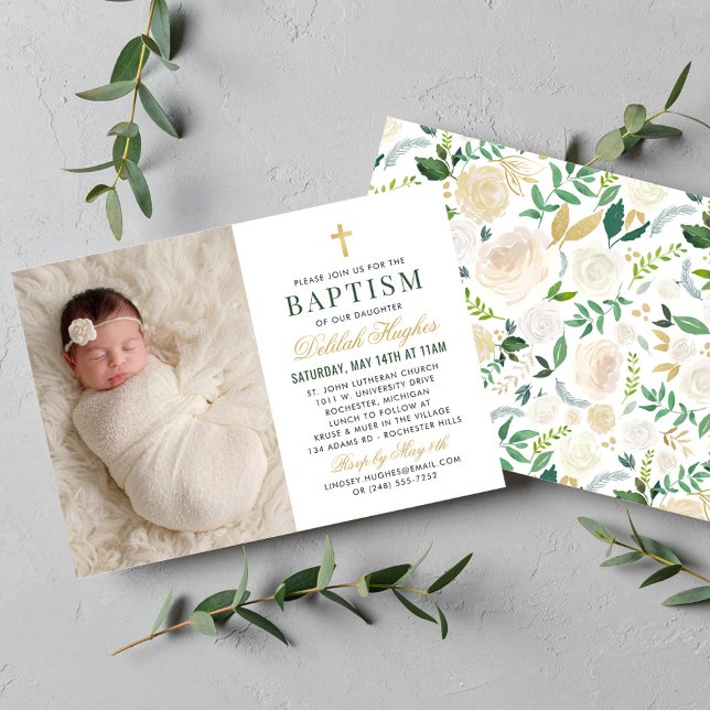 Elegant Sage Green Gold Floral Photo Baptism Invitation (Creator Uploaded)