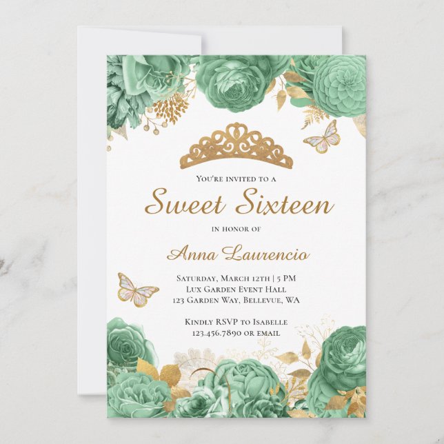 Elegant Sage Green Gold Floral Sweet 16 Sixteen Invitation (Front)