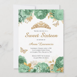 Elegant Sage Green Gold Floral Sweet 16 Sixteen Invitation