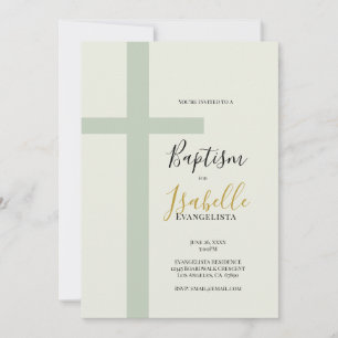 Elegant Sage Green Gold Minimal Cross Baptism Invitation