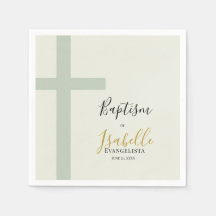 Elegant Sage Green Gold Minimal Cross Baptism
