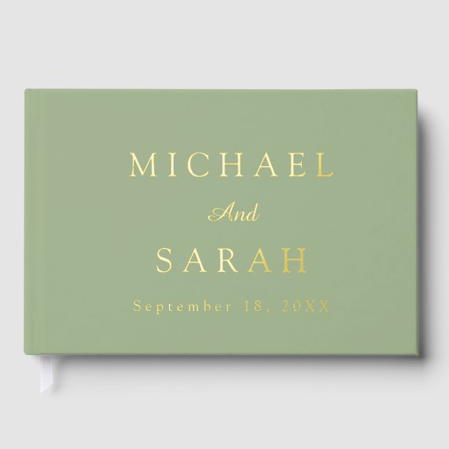 Elegant Sage Green Gold Modern Minimalist Wedding Guest Book (Front)