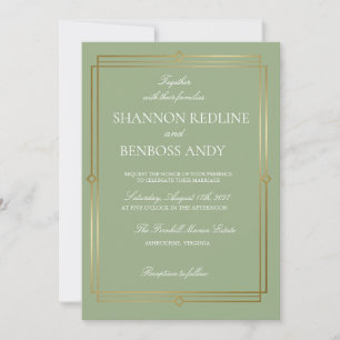 Elegant Sage Green & Gold Monogram Wedding Invitation