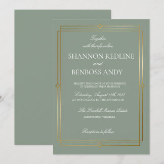 Elegant Sage Green & Gold Monogram Wedding Invitation