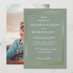 Elegant Sage Green & Gold Monogram Wedding Invitation