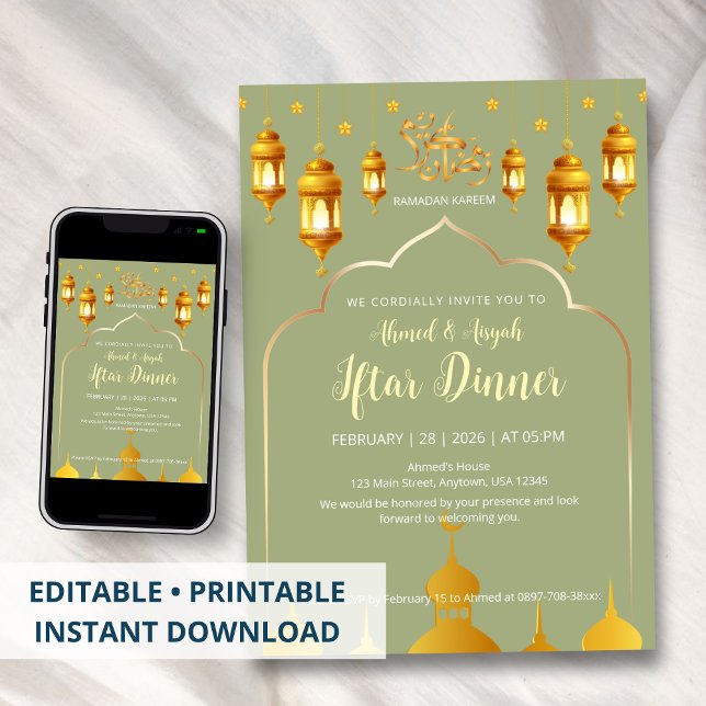 Elegant Sage Green & Gold Mosque Arch Iftar Invitation (Creator Uploaded)