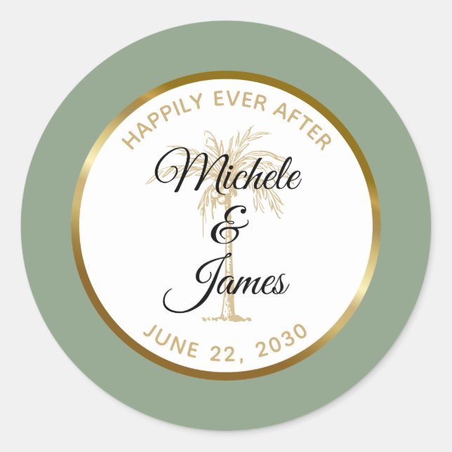 Elegant Sage Green Gold Palm Tree Tropical Wedding Classic Round Sticker (Front)