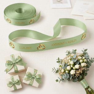 Elegant Sage Green Gold Personalised Name Satin Ribbon