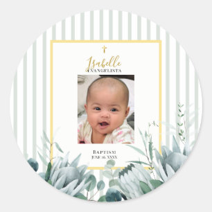 Elegant Sage Green Gold Photo Baptism Classic Round Sticker