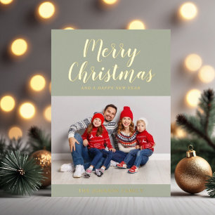 Elegant Sage Green Gold Script Christmas Photo