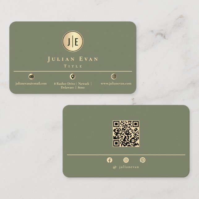 Elegant Sage Green Gold Shiny Circle Monogram Business Card (Front/Back)