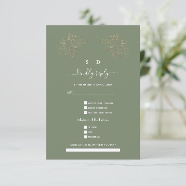 Elegant Sage Green Gold Song Request Wedding  RSVP Card (Standing Front)