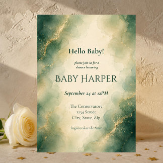 Elegant Sage Green & Gold Watercolor Baby Shower Invitation