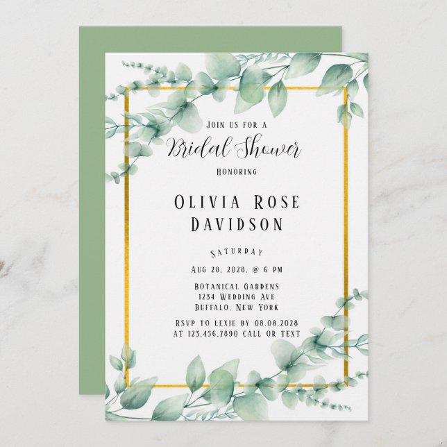 Elegant Sage Green Greenery Gold Bridal Shower Invitation (Front/Back)