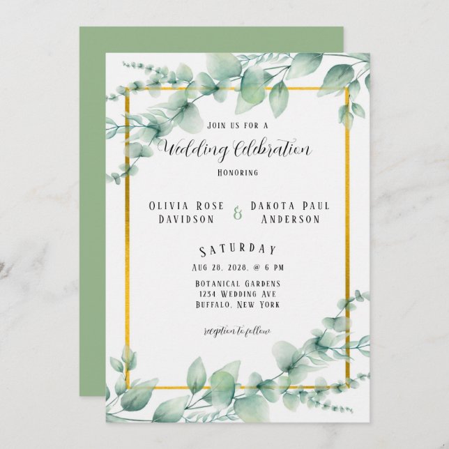 Elegant Sage Green Greenery Gold Wedding Invitation (Front/Back)