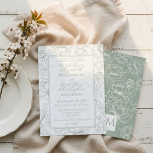 Elegant Sage Green Hand-Drawn Floral Wedding  Invitation