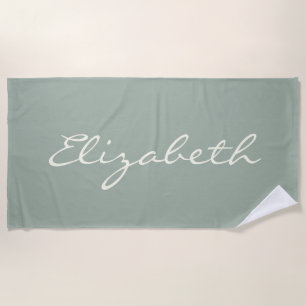 Elegant Sage Green Handwritten Script Name Beach Towel